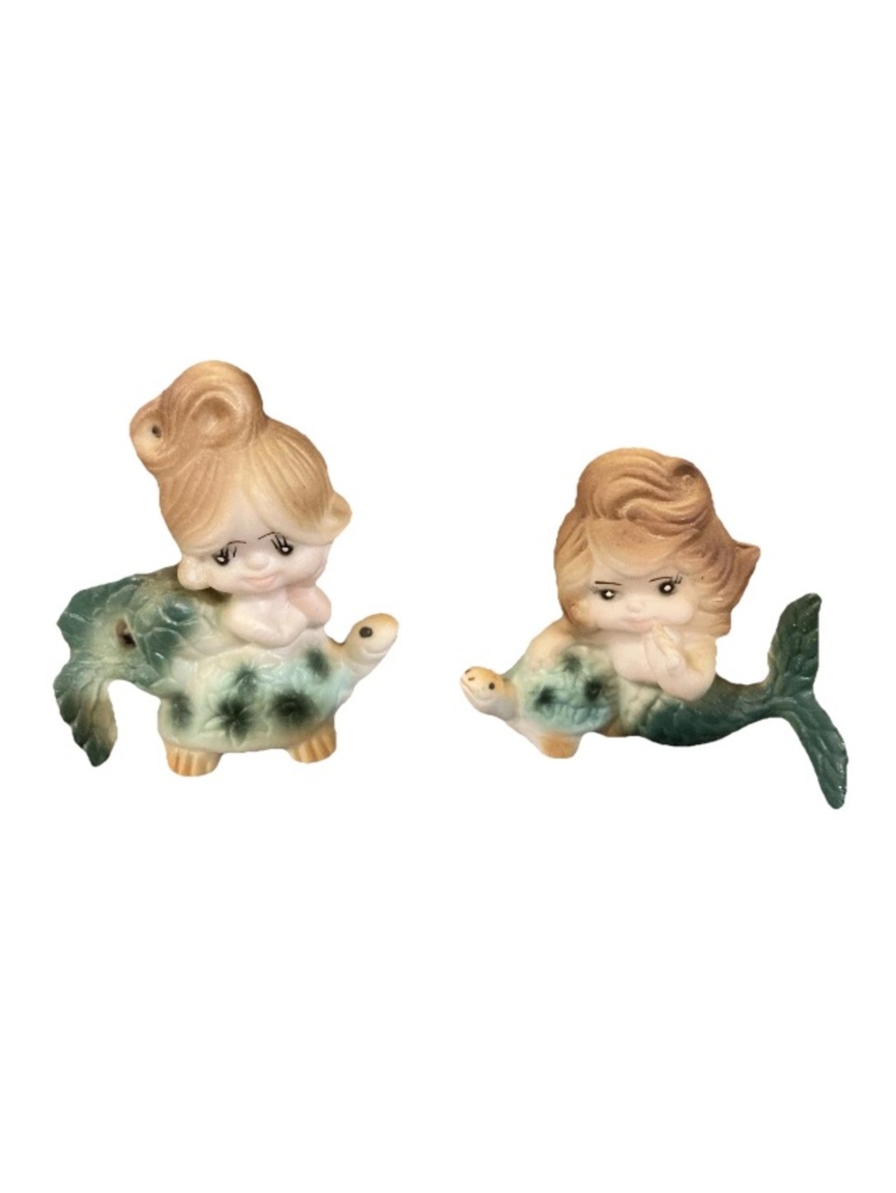 VTG pair of Bradley 1960s Japan porcelain mermaid little girls riding turtles